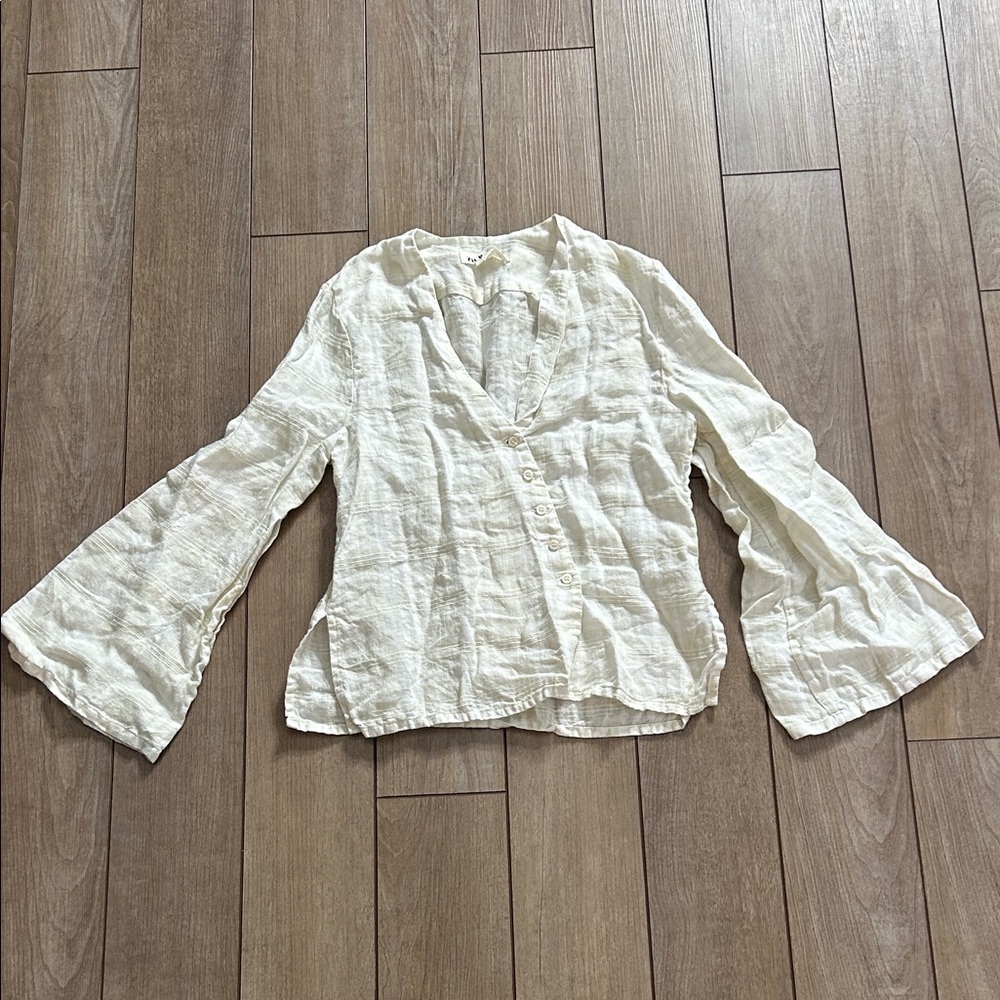 Zii Ropa Asymmetrical Flare Sleeve Plaid Linen Button Down Shirt